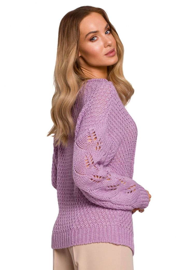 Sweter Damski - Ażurowy Luźny Rękaw - liliowy